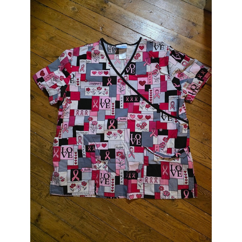 Breast Cancer Awareness Scrub Top Pink Ribbon Hope‎ Faith Love Mock Wrap V-Neck